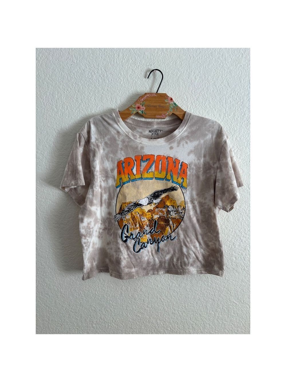 Mighty Fine Arizona Grand Canyon T-Shirt Women XL Tan Tie Dye Eagle Crop Graphic